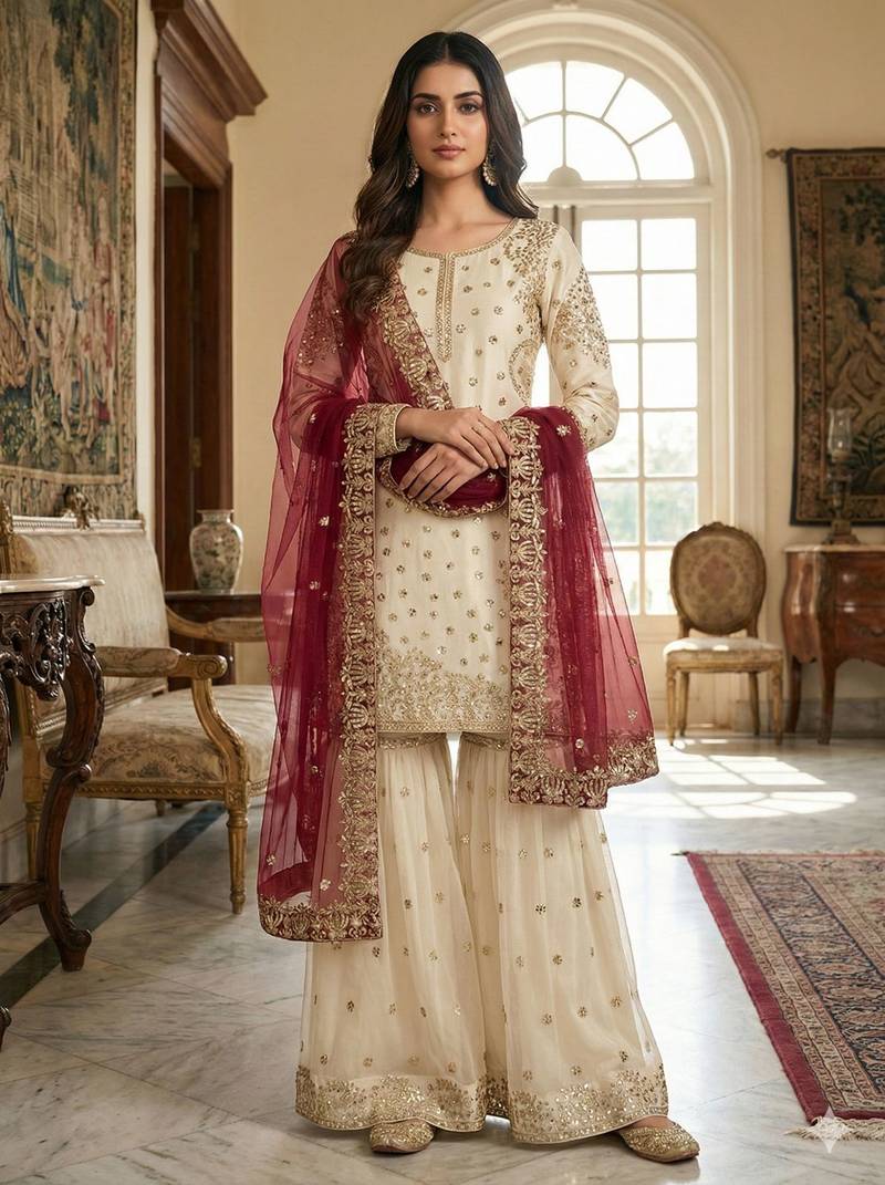 Ivory and maroon sharara set