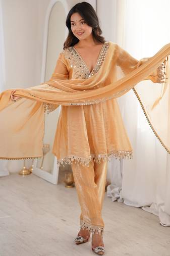 Chiku fendi mirror with coding embroidered lace work kurta and pant and heavy dupatta
