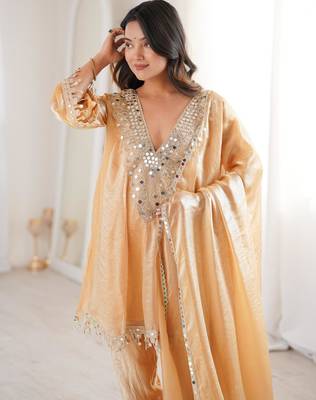 Chiku fendi mirror with coding embroidered lace work kurta and pant and heavy dupatta 3