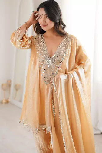 Chiku fendi mirror with coding embroidered lace work kurta and pant and heavy dupatta