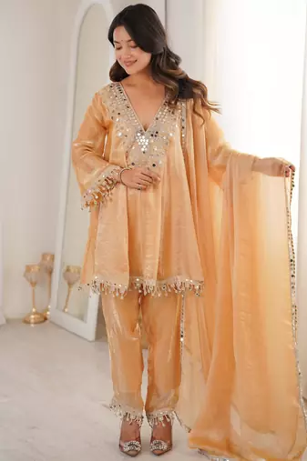Chiku fendi mirror with coding embroidered lace work kurta and pant and heavy dupatta