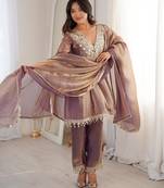 Purple fendi mirror with coding embroidered lace work kurta and pant and heavy dupatta