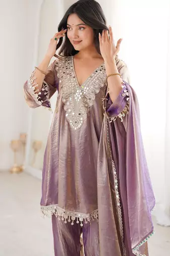 Purple fendi mirror with coding embroidered lace work kurta and pant and heavy dupatta
