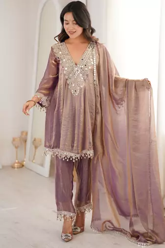 Purple fendi mirror with coding embroidered lace work kurta and pant and heavy dupatta