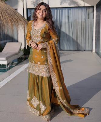 Mehndi fendi chiffon sequins & zari coding work kurta and sharara and heavy dupatta 1