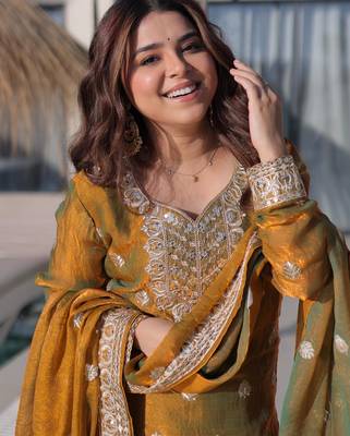 Mehndi fendi chiffon sequins & zari coding work kurta and sharara and heavy dupatta 3