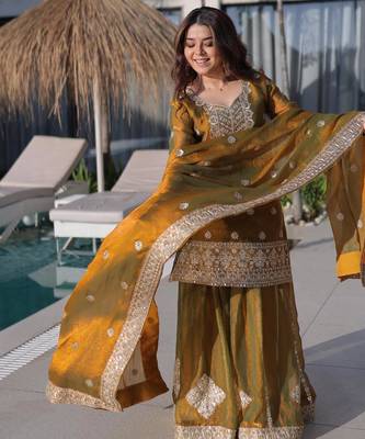 Mehndi fendi chiffon sequins & zari coding work kurta and sharara and heavy dupatta 4
