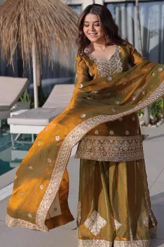 Mehndi fendi chiffon sequins & zari coding work kurta and sharara and heavy dupatta