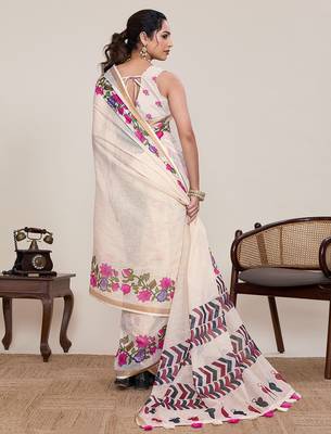 Cream floral printed linen saree with elephant animal print borderethnic wear for women with unstiched blouse piece 3