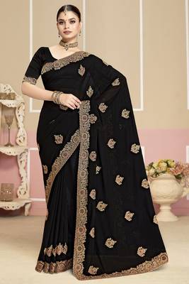 Black sequin embroidered work georgette designer saree for women 1