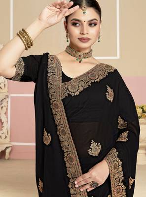 Black sequin embroidered work georgette designer saree for women 2