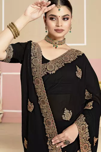 Black sequin embroidered work georgette designer saree for women