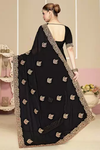 Black sequin embroidered work georgette designer saree for women