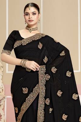 Black sequin embroidered work georgette designer saree for women 4