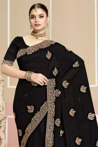 Black sequin embroidered work georgette designer saree for women