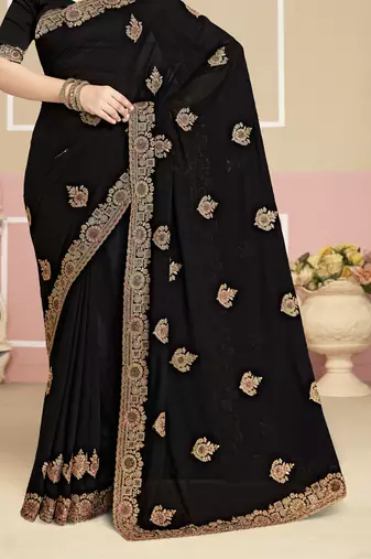 Black sequin embroidered work georgette designer saree for women