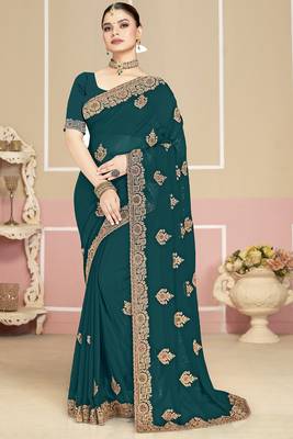 Teal blue sequin embroidered work georgette designer saree for women 1