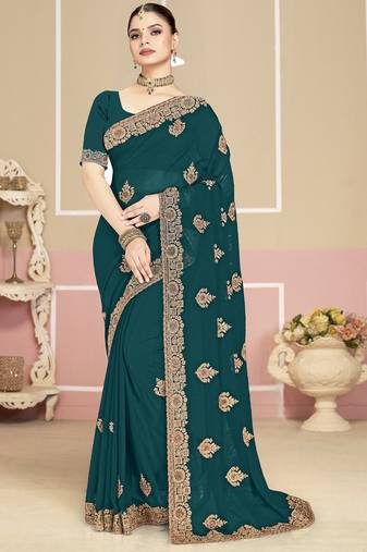 Teal blue sequin embroidered work georgette designer saree for women