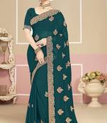 Teal blue sequin embroidered work georgette designer saree for women