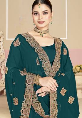 Teal blue sequin embroidered work georgette designer saree for women 2
