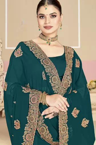 Teal blue sequin embroidered work georgette designer saree for women