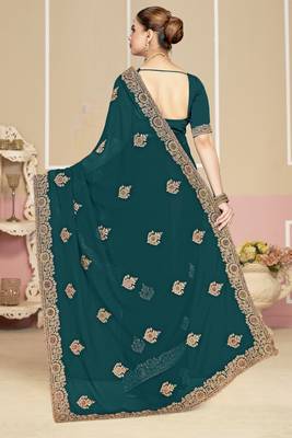 Teal blue sequin embroidered work georgette designer saree for women 3