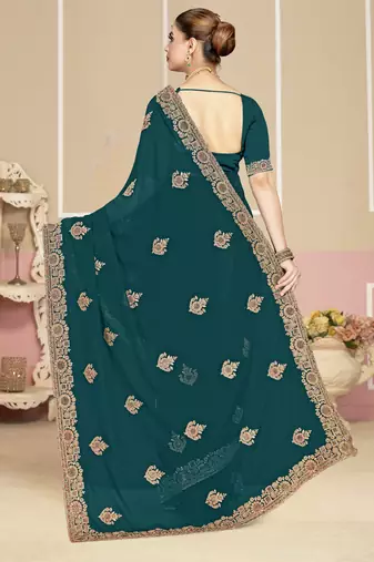 Teal blue sequin embroidered work georgette designer saree for women