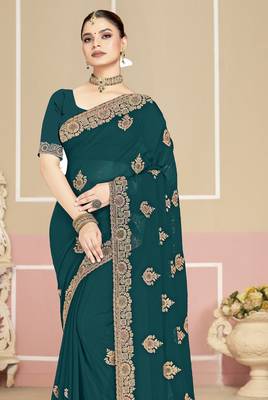Teal blue sequin embroidered work georgette designer saree for women 4