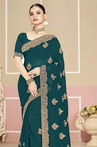 Teal blue sequin embroidered work georgette designer saree for women