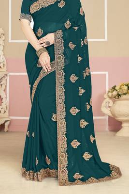 Teal blue sequin embroidered work georgette designer saree for women 5