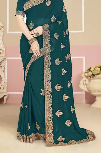 Teal blue sequin embroidered work georgette designer saree for women