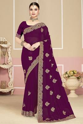 Purple sequin embroidered work georgette designer saree for women 1