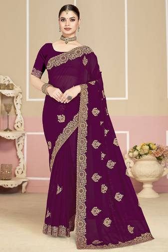 Purple sequin embroidered work georgette designer saree for women