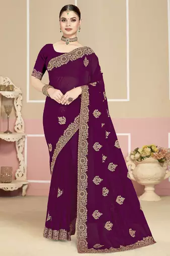 Purple sequin embroidered work georgette designer saree for women