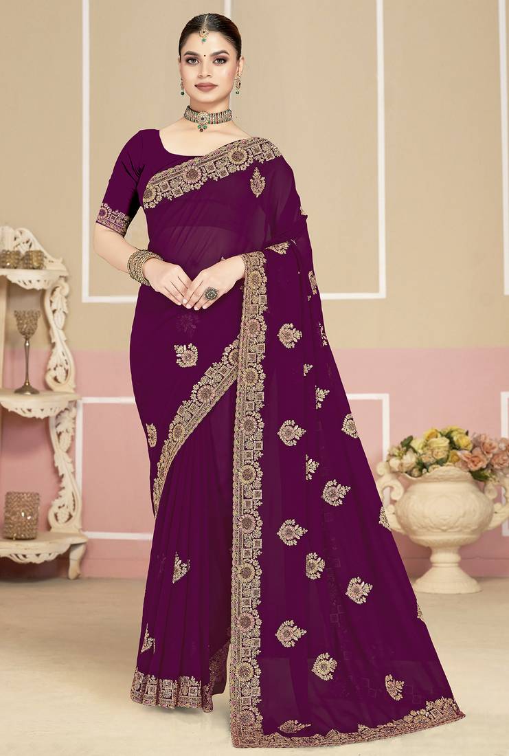 Purple sequin embroidered work georgette designer saree for women