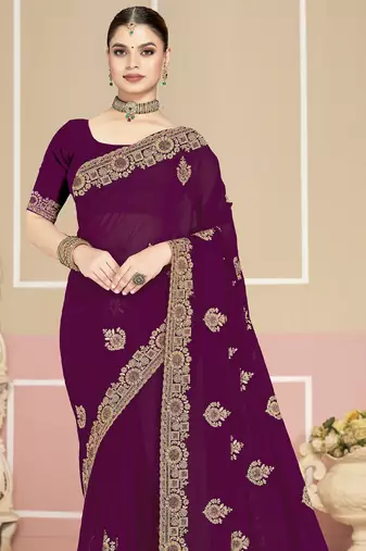 Purple sequin embroidered work georgette designer saree for women
