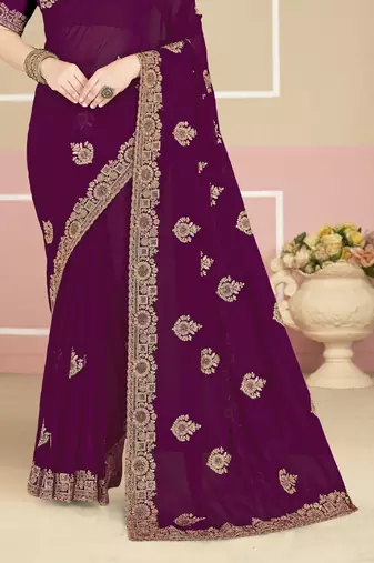 Purple sequin embroidered work georgette designer saree for women