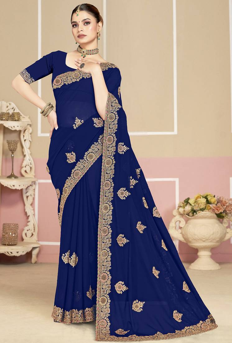 Navy blue sequin embroidered work georgette designer saree for women