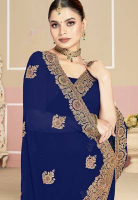 Navy blue sequin embroidered work georgette designer saree for women 2