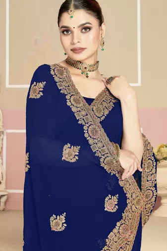 Navy blue sequin embroidered work georgette designer saree for women