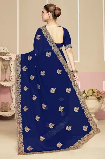 Navy blue sequin embroidered work georgette designer saree for women