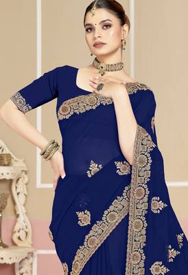 Navy blue sequin embroidered work georgette designer saree for women 4