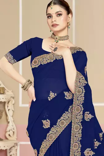 Navy blue sequin embroidered work georgette designer saree for women