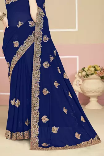Navy blue sequin embroidered work georgette designer saree for women