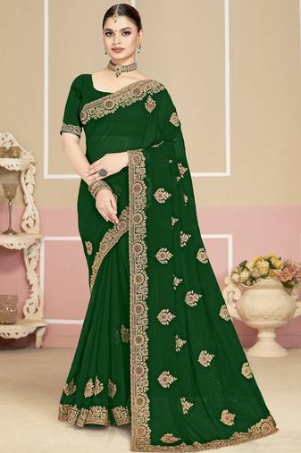 Green sequin embroidered work georgette designer saree for women