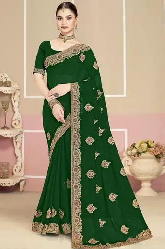 Green sequin embroidered work georgette designer saree for women