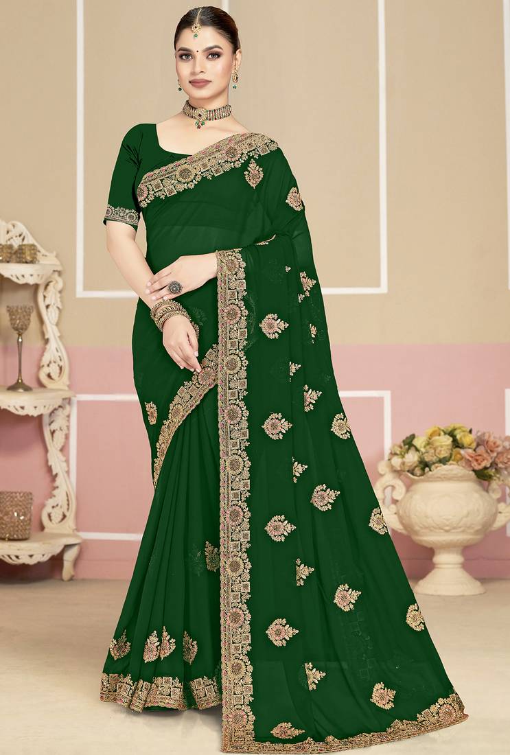 Green sequin embroidered work georgette designer saree for women
