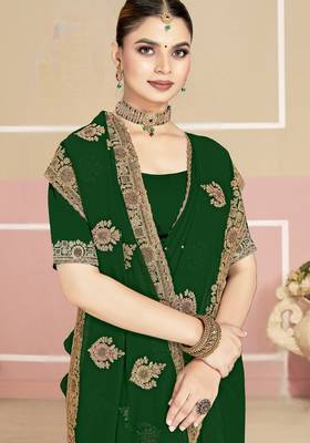 Green sequin embroidered work georgette designer saree for women 2