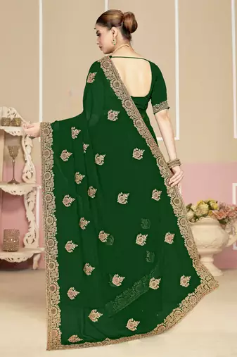 Green sequin embroidered work georgette designer saree for women