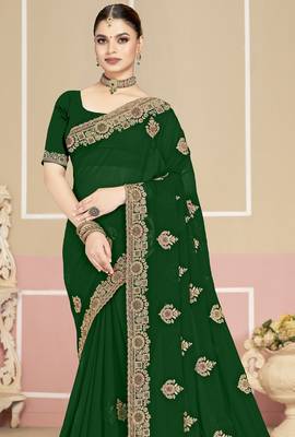 Green sequin embroidered work georgette designer saree for women 4